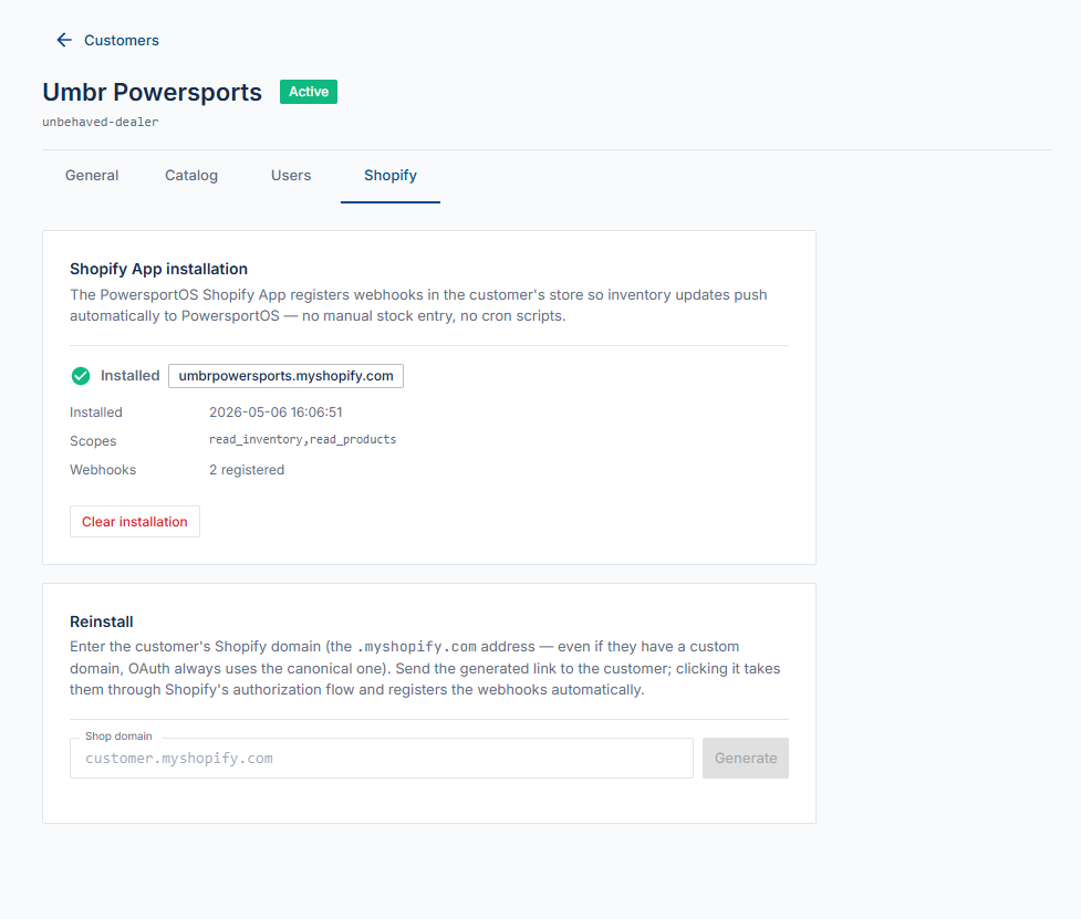 Shopify App install + status